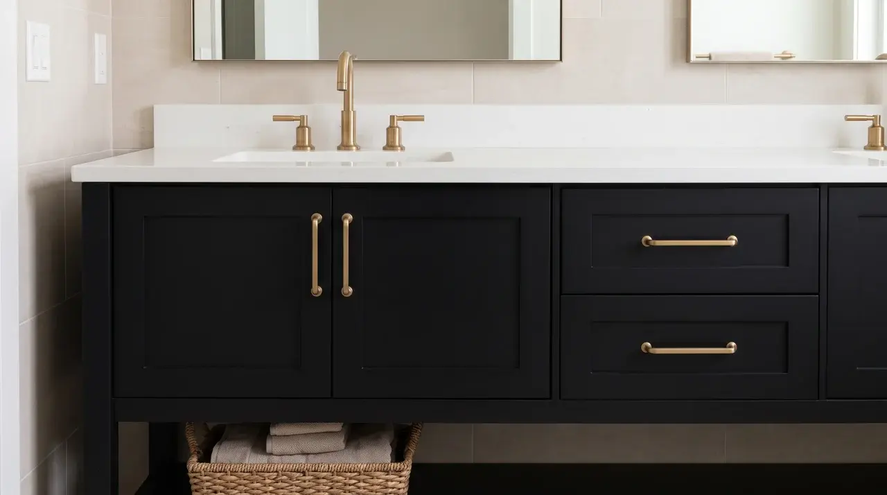 Satin black shaker vanity cabinet with unlacquered brass pulls and a brass faucet