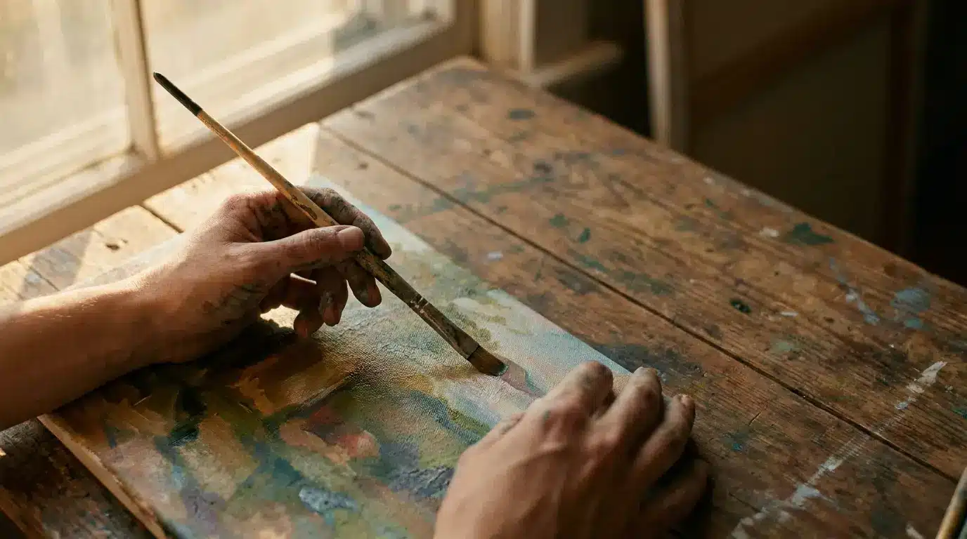 Hands painting on canvas with brush on wooden table by window in natural light