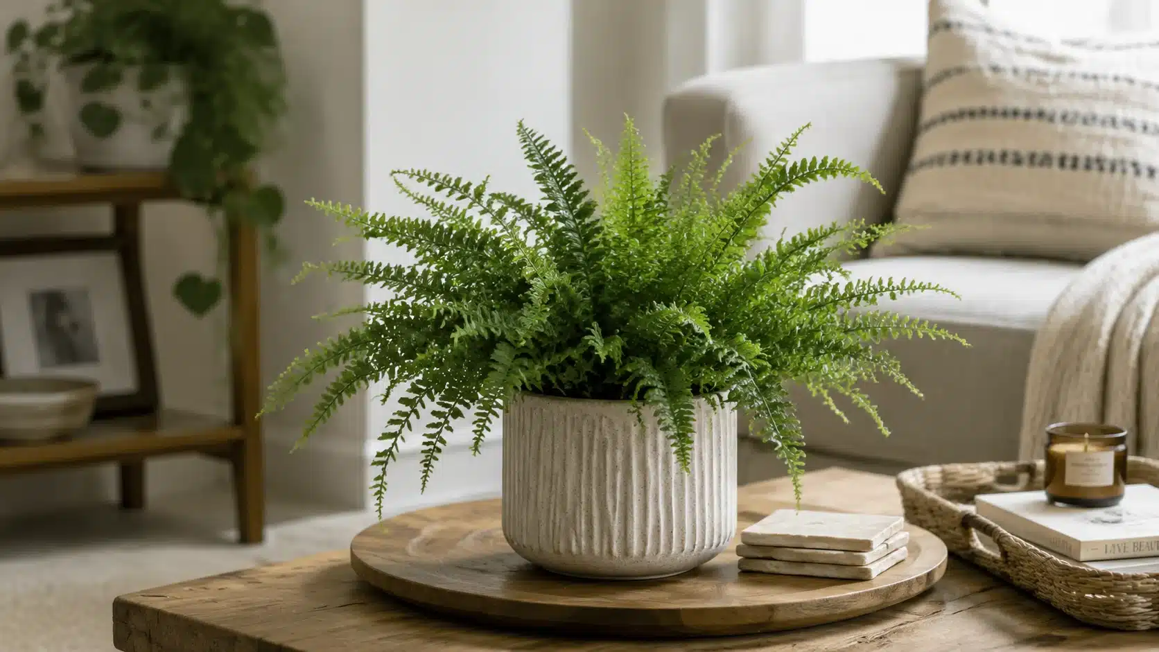 Boston fern with feathery fronds cascading from a ceramic pot