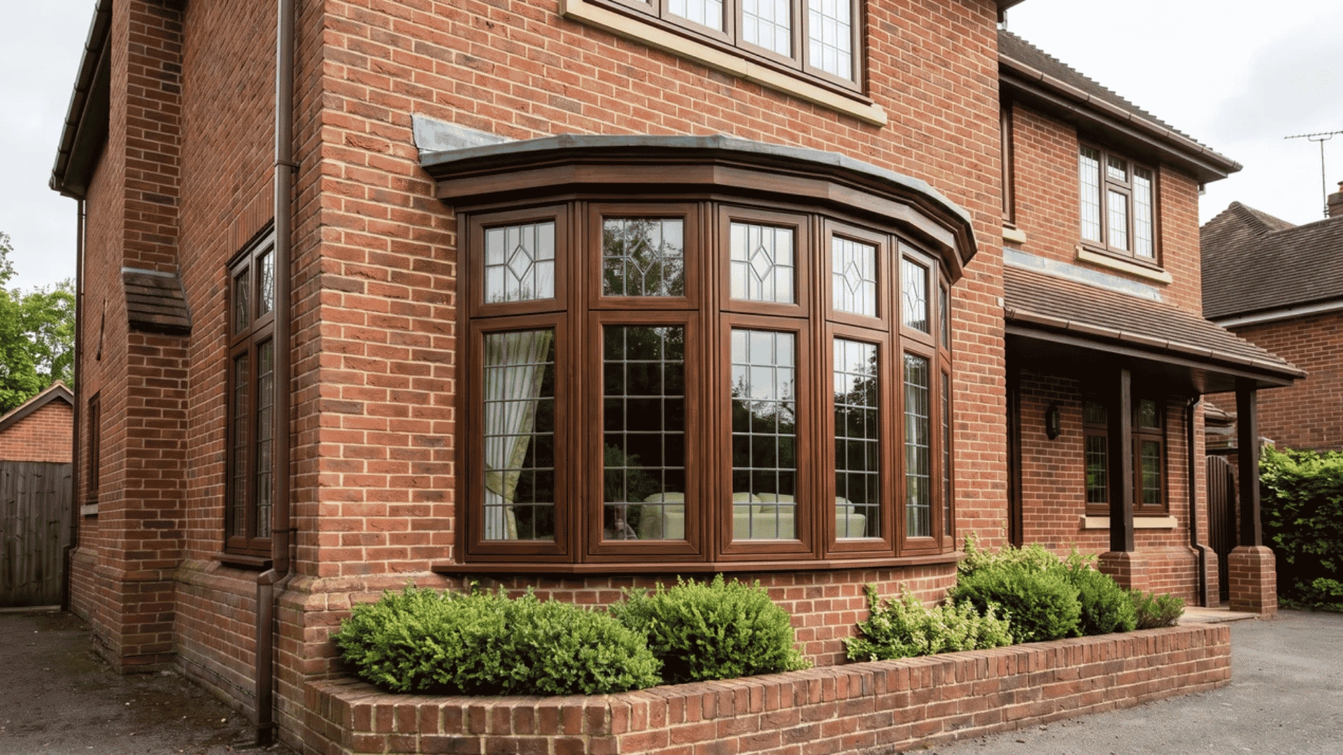Bow window with multiple curved glass panels extending from a wall