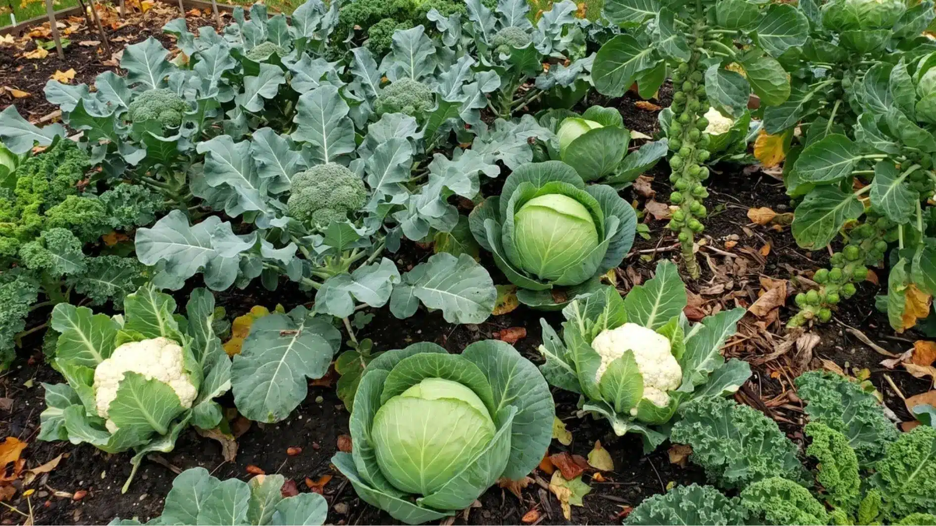Broccoli, cabbage, cauliflower, kale, and Brussels sprouts in a fall garden