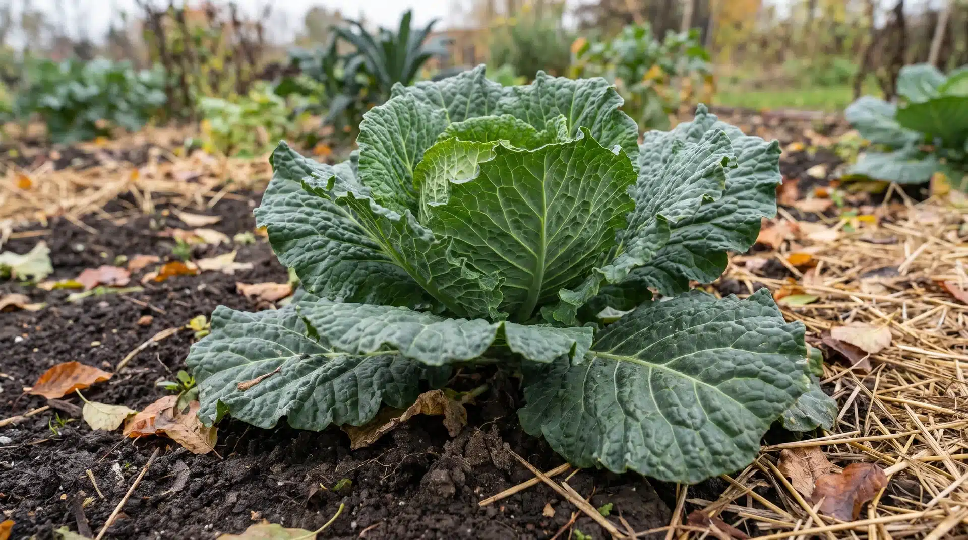 Close-up of green brassica plant leaves growing in a fall garden