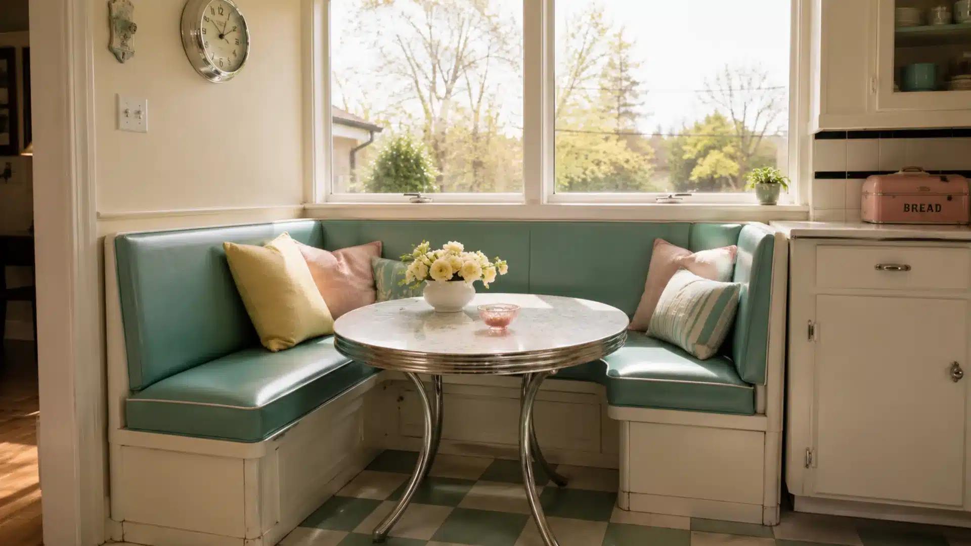 Breakfast nook banquette in a 1950s mid-century modern kitchen