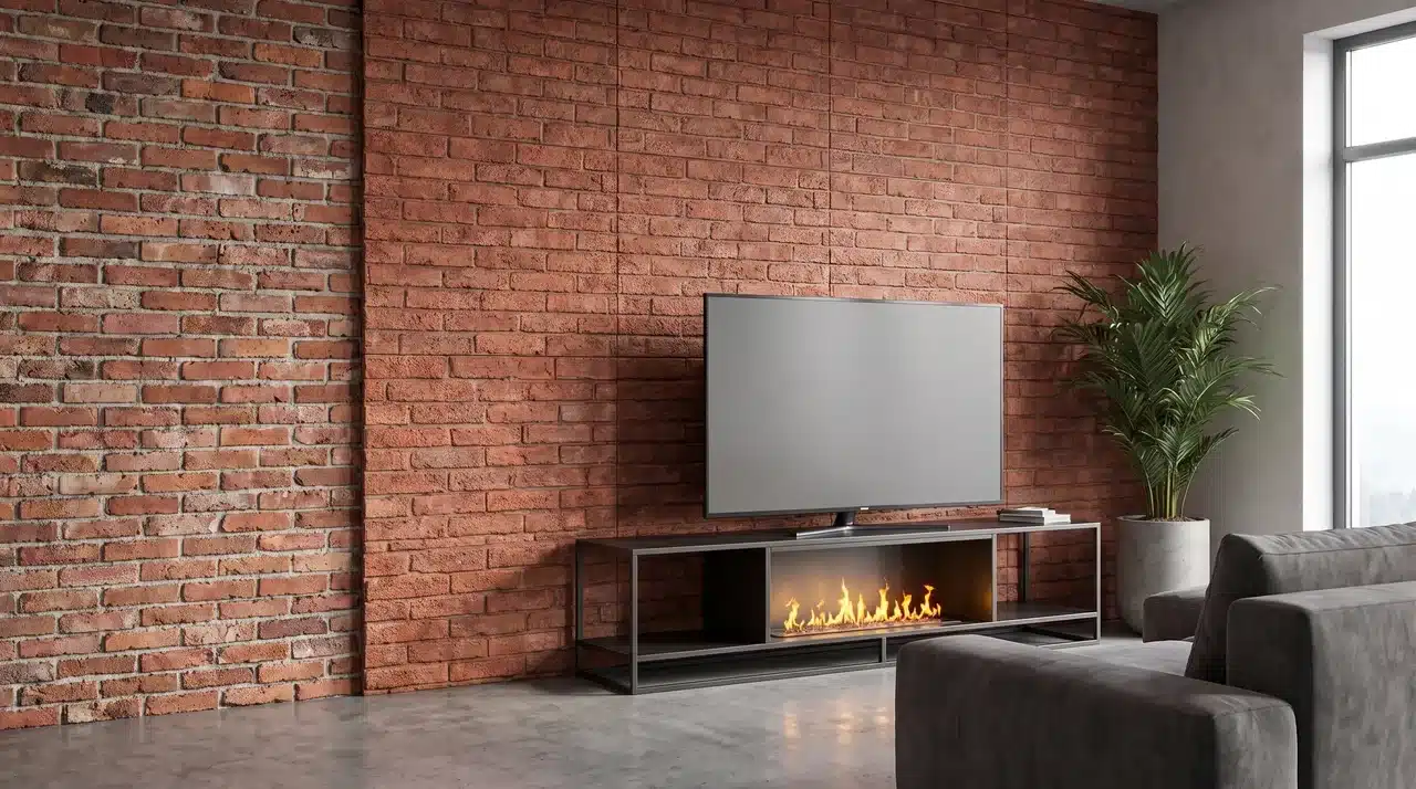Living room feature wall finished with exposed brick and matching brick-effect panels in an industrial style