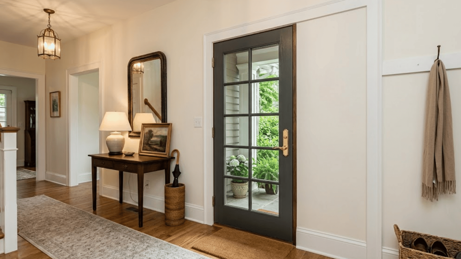 bright entryway with a black framed glass front door beside a wooden console table mirror and soft natural light
