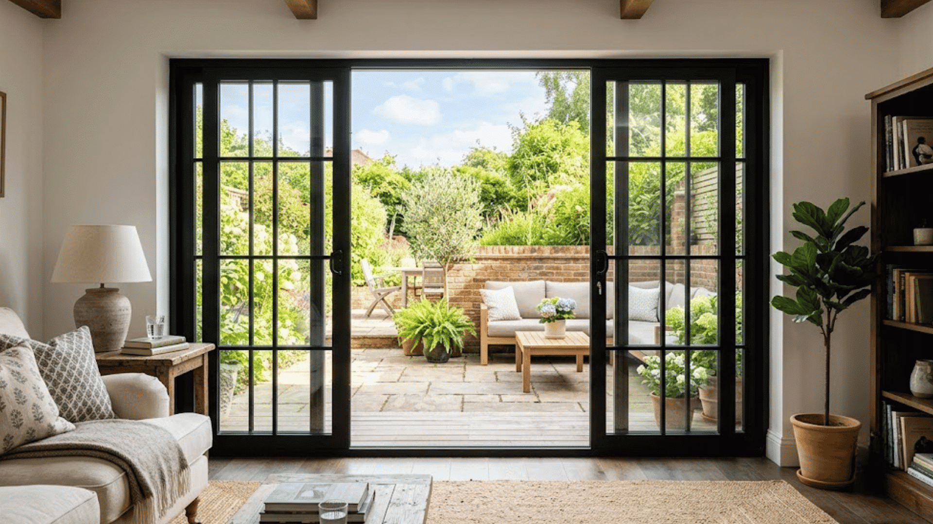 bright living room with black framed sliding glass doors opening to a garden patio with outdoor seating and lush greenery