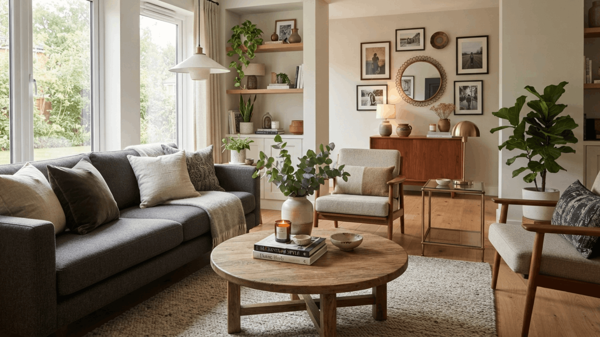 bright modern living room with gray sofa wooden chairs round coffee table indoor plants and large windows filling the space with natural light