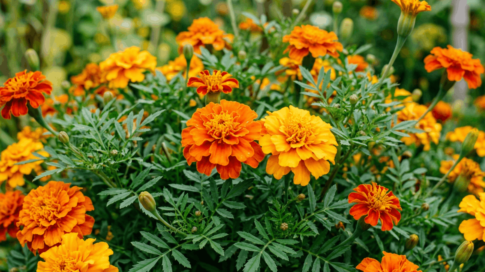 bright orange and yellow marigold flowers blooming among lush green foliage in a vibrant garden with fresh flower buds throughout