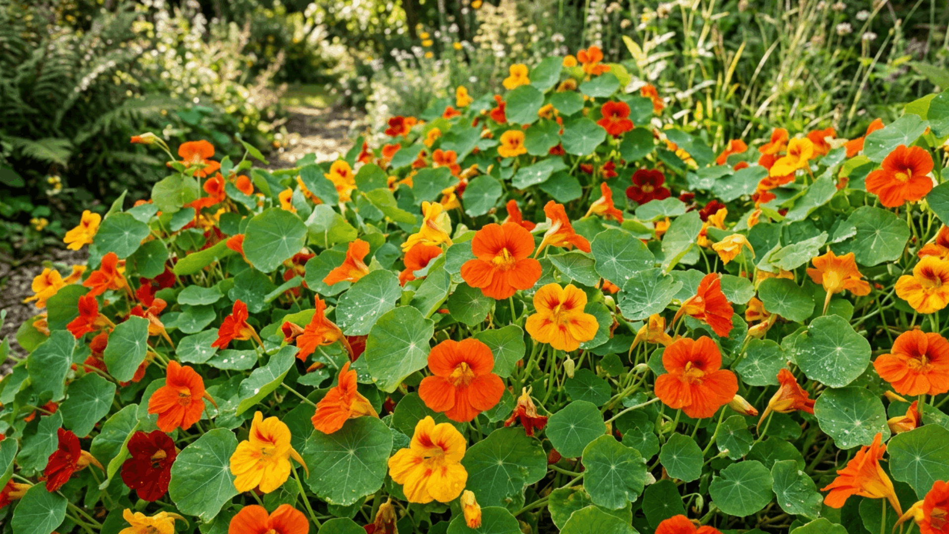 bright orange and yellow nasturtium flowers spread across a lush garden bed with green round leaves and a winding path behind