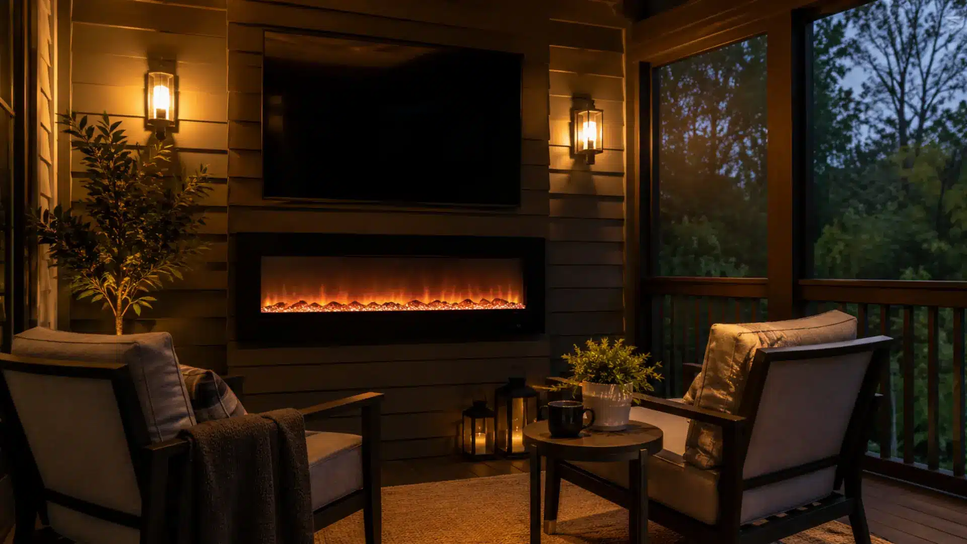 Fireplace feature idea for a screened porch on cool nights
