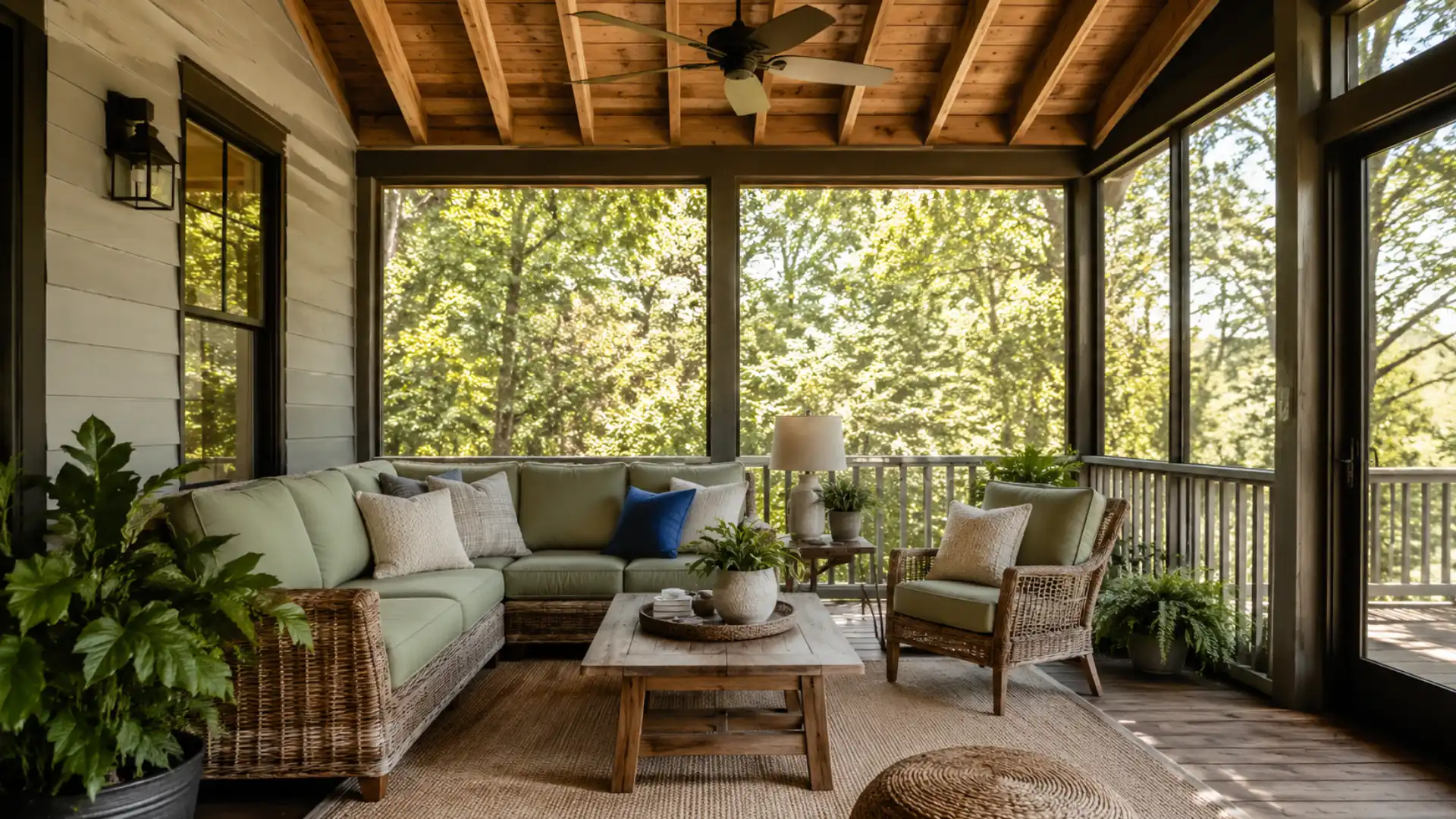 Natural color palette for a screened patio with sage and warm wood tones