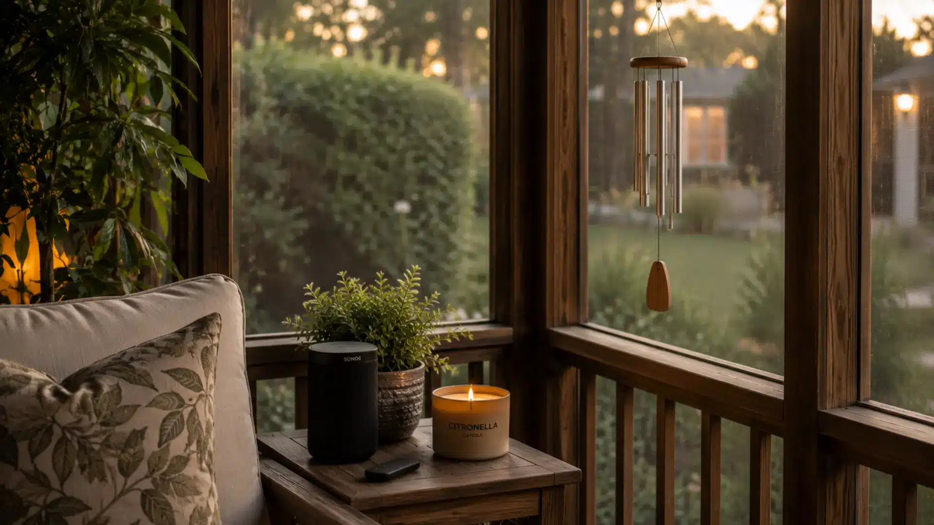 Sound and scent details finishing a screened porch corner