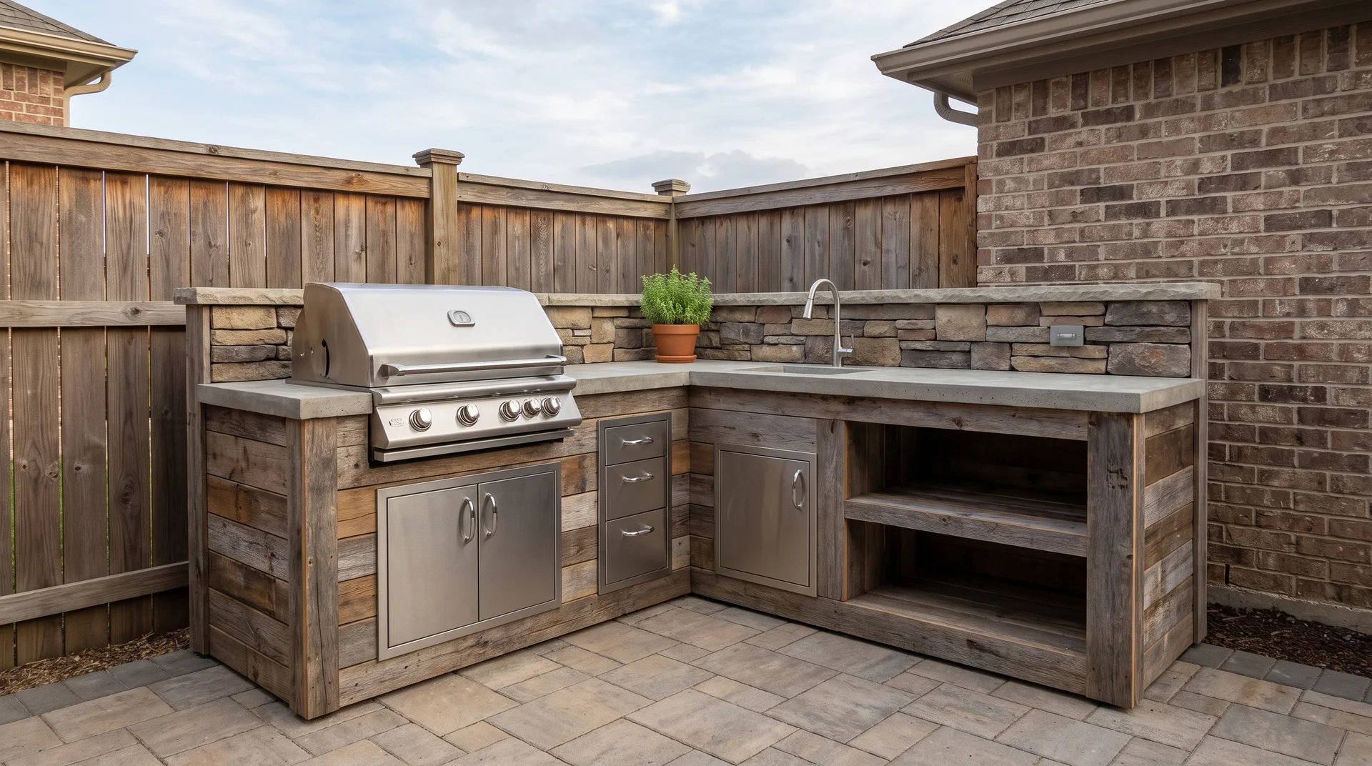 DIY corner outdoor kitchen with grill, countertops, and storage along two patio sides