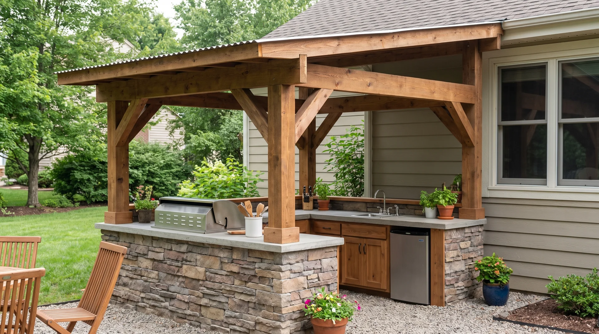 Covered outdoor kitchen with roof structure, grill, countertop, and cabinets in a backyard