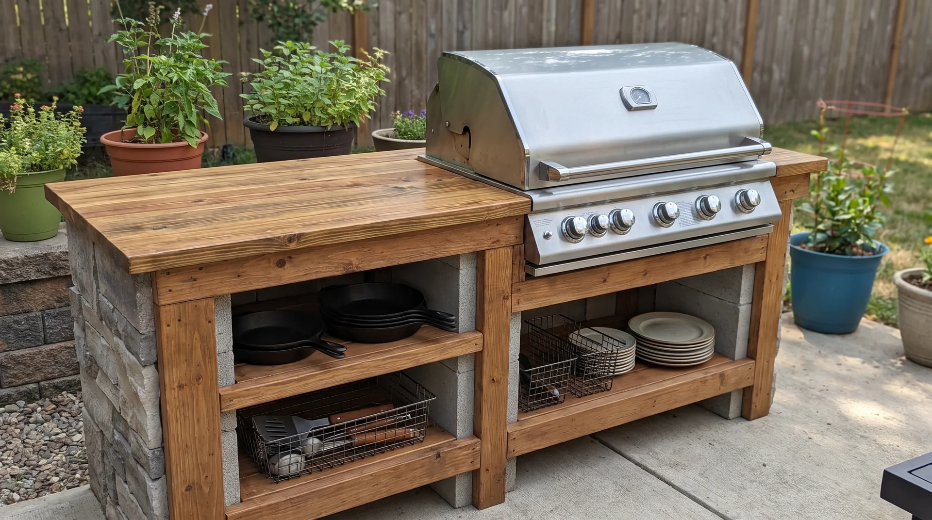 Outdoor DIY grill station with side counter and storage for cooking tools
