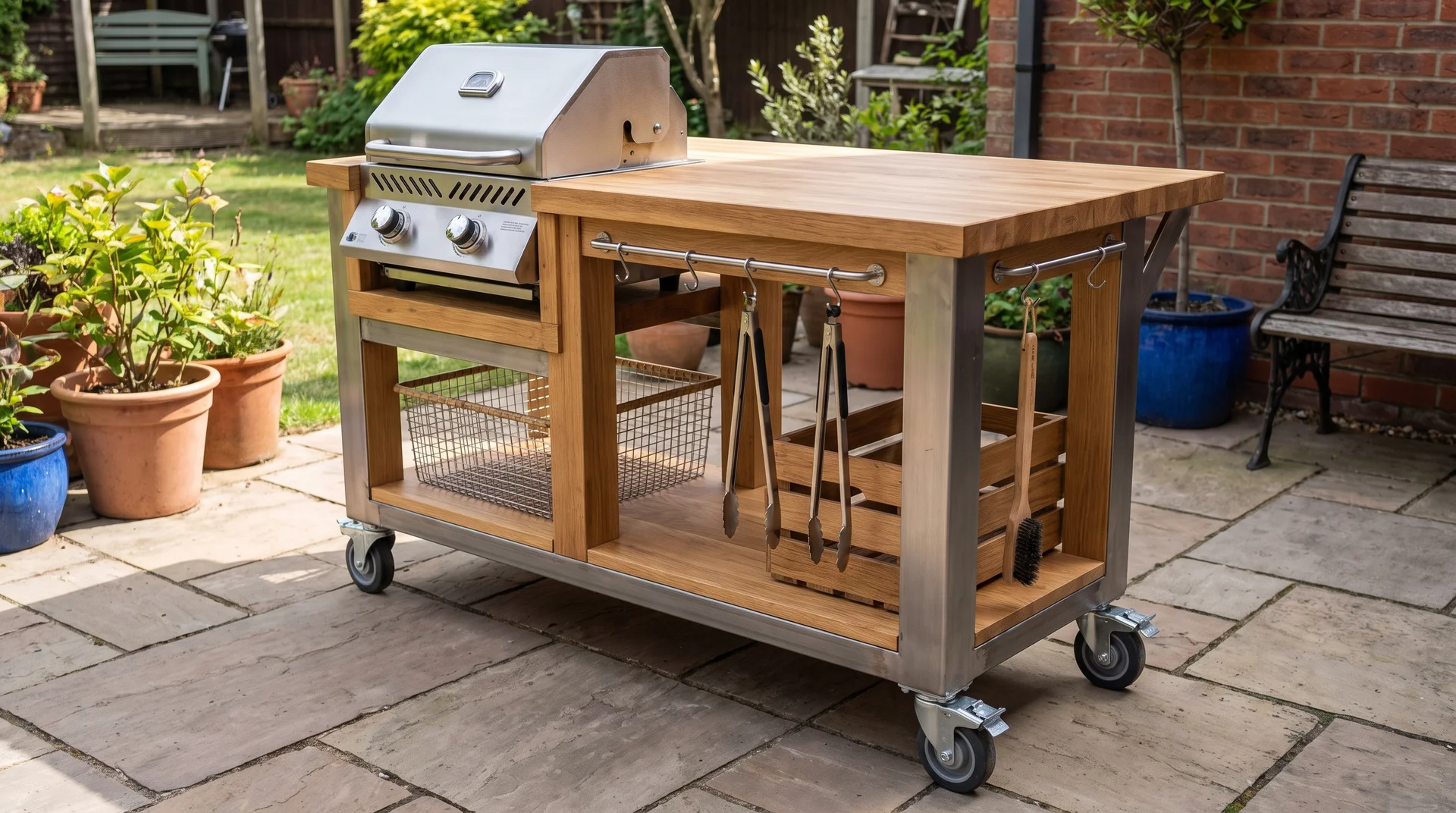 Mobile grill and prep station with wheels, worktop, storage, and grilling tools