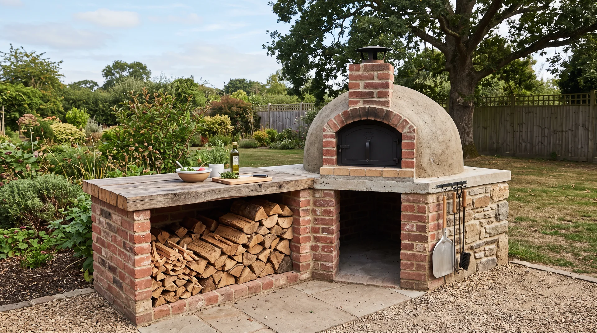 DIY wood-fired cooking area with brick base, prep surface, and firewood storage in a backyard