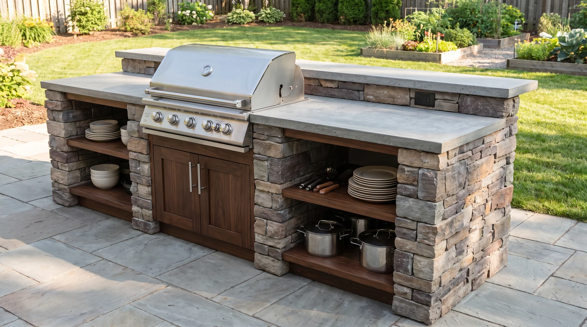 Outdoor kitchen island with grill, countertop, cabinets, and shelves in a backyard