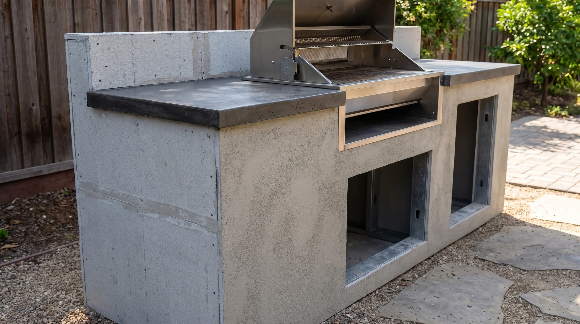 DIY outdoor kitchen with cement board base, countertop, grill area, and storage openings