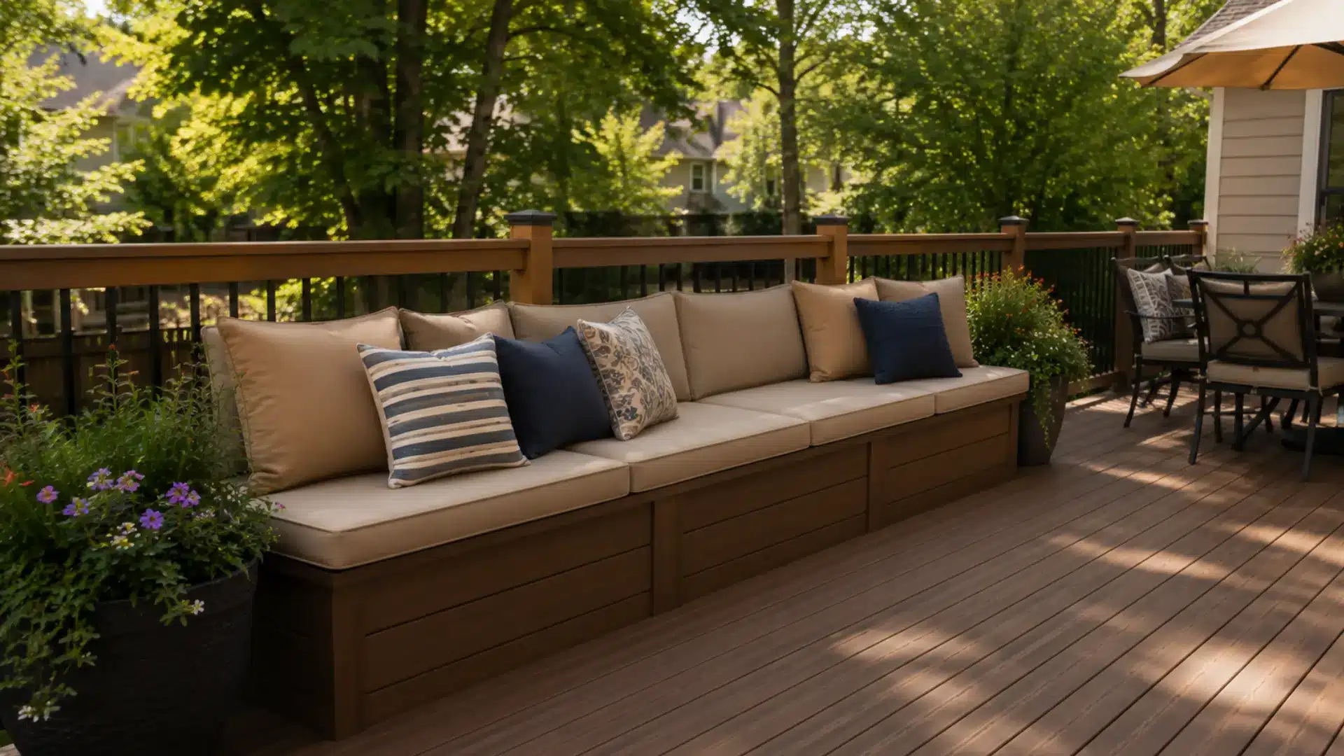 Built-in bench seating along the edge of a backyard deck, cushioned and paired with potted plants
