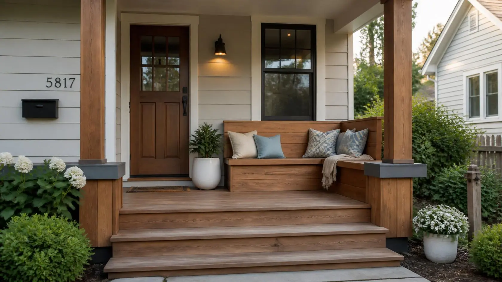 small wooden porch with built-in bench seating, outdoor cushions, and a space-saving design for a cozy entrance