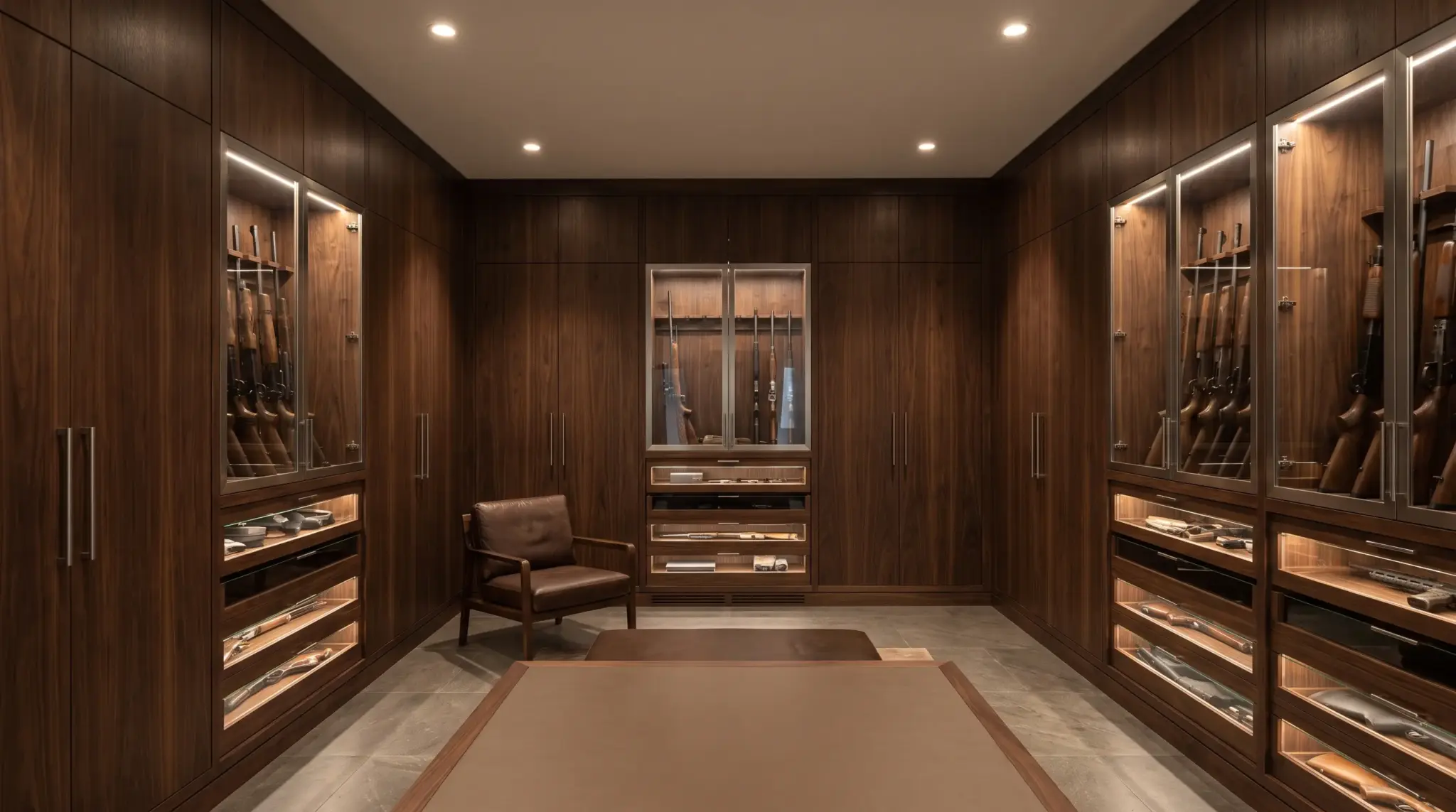 Built-in gun room cabinetry with seamless storage and a clean modern appearance.