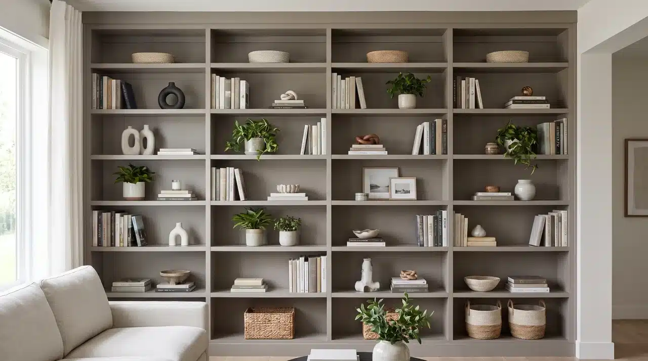 Living room with floor-to-ceiling built-in shelving displaying books, plants, and decorative objects