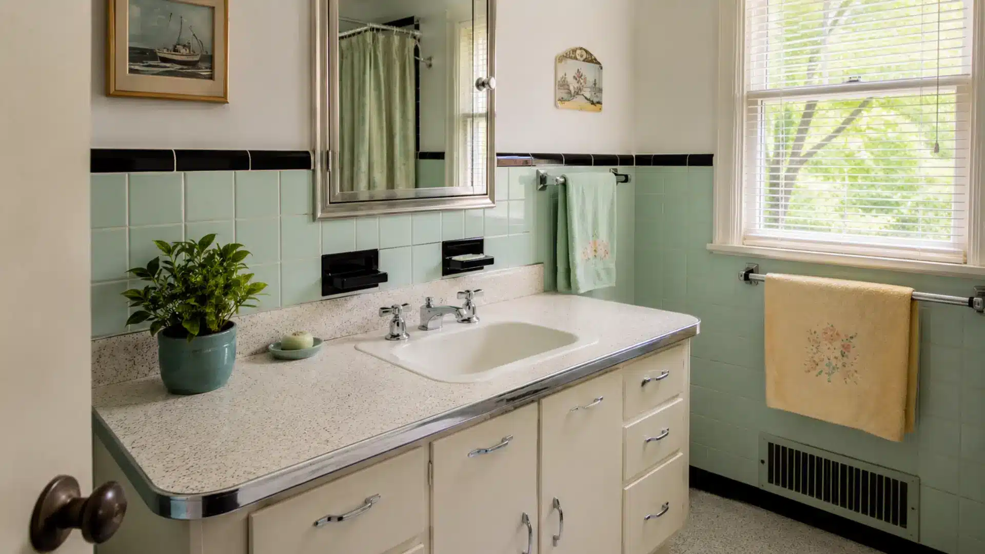 Built-in Formica top vanity in a 1950s mid century modern house interior bathroom