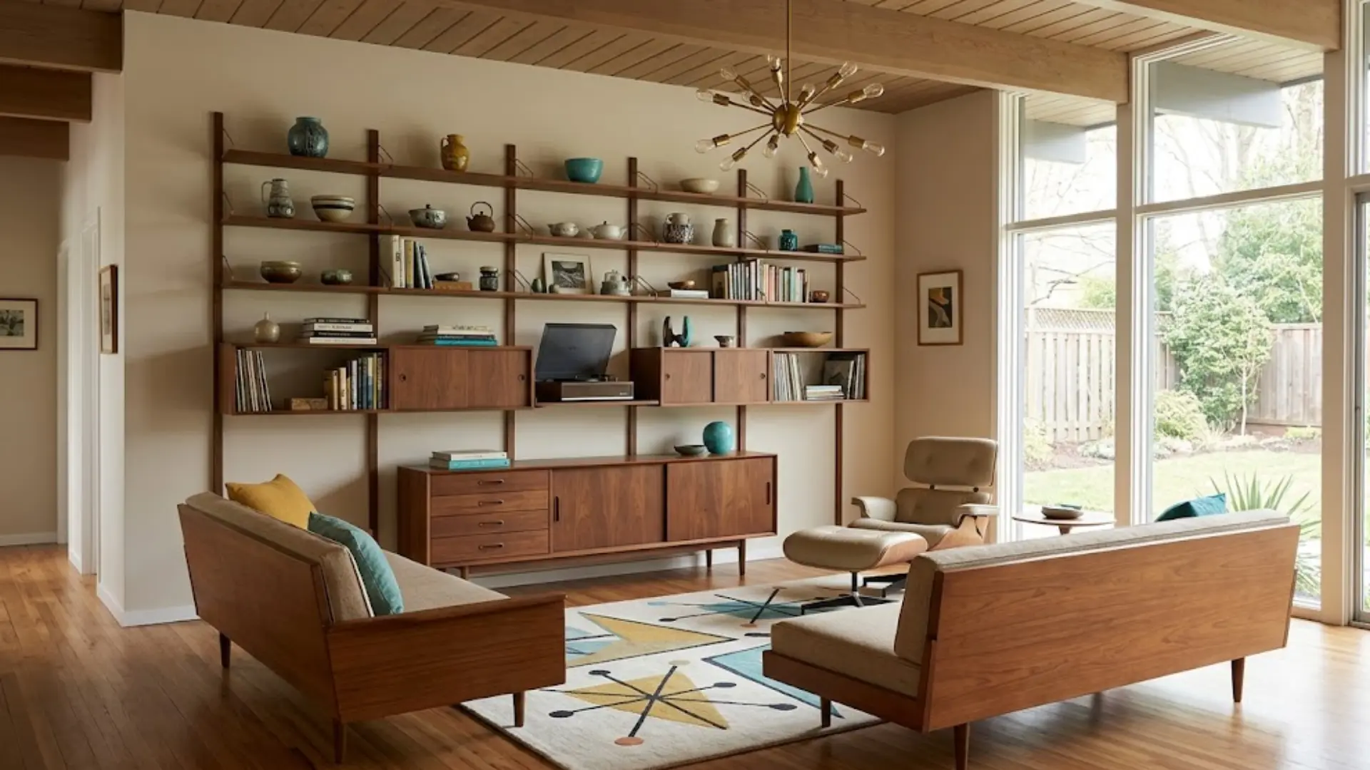 Built-in walnut wall shelving in a 1950s mid-century modern living room