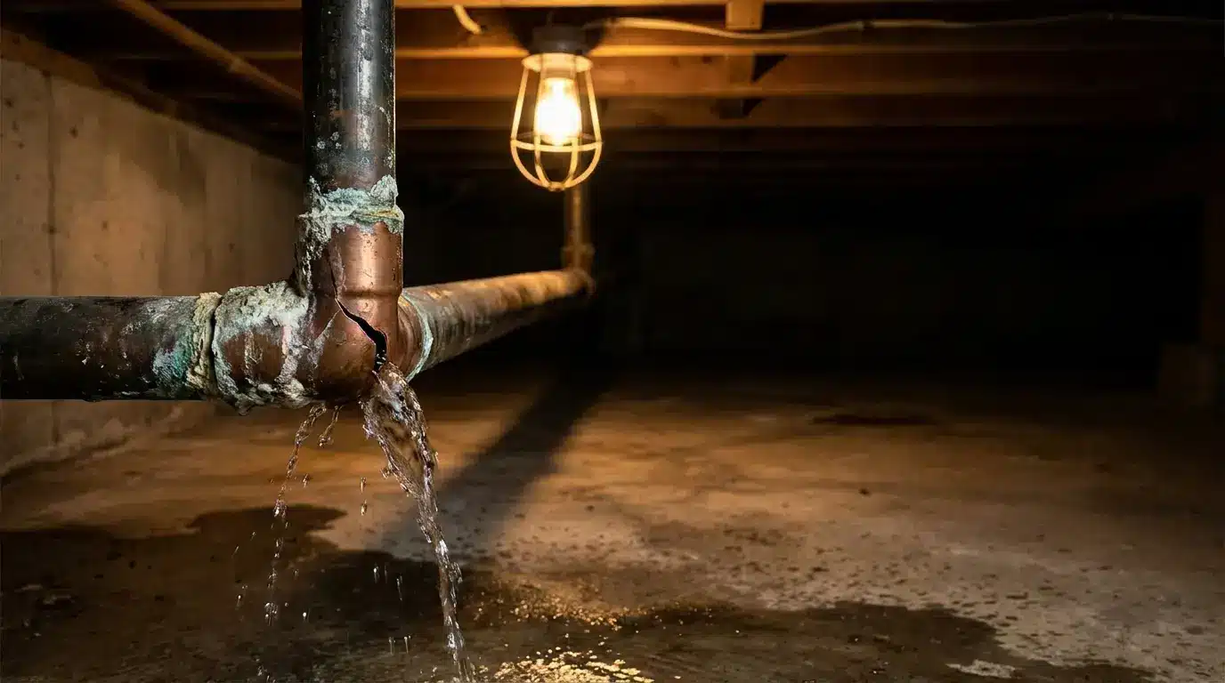 Cracked copper pipe leaking water in dimly lit basement with exposed bulb hanging above