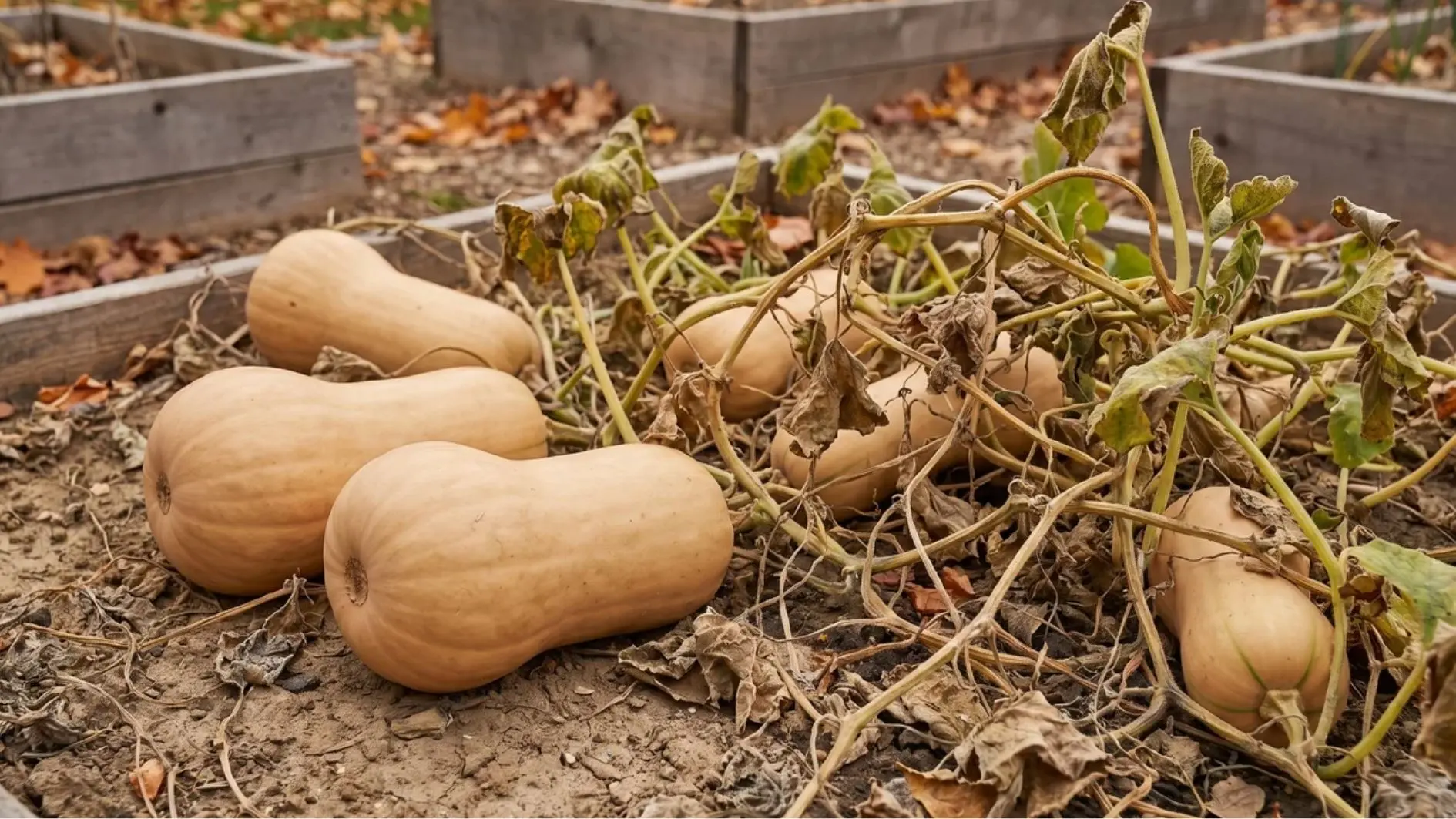 Butternut squash on vines in a fall garden