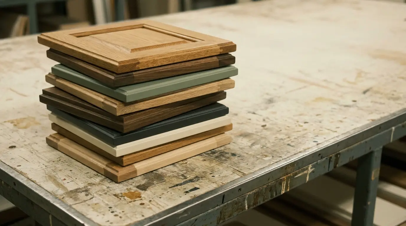 Stack of wooden cabinet doors in various colors on a rustic workshop table