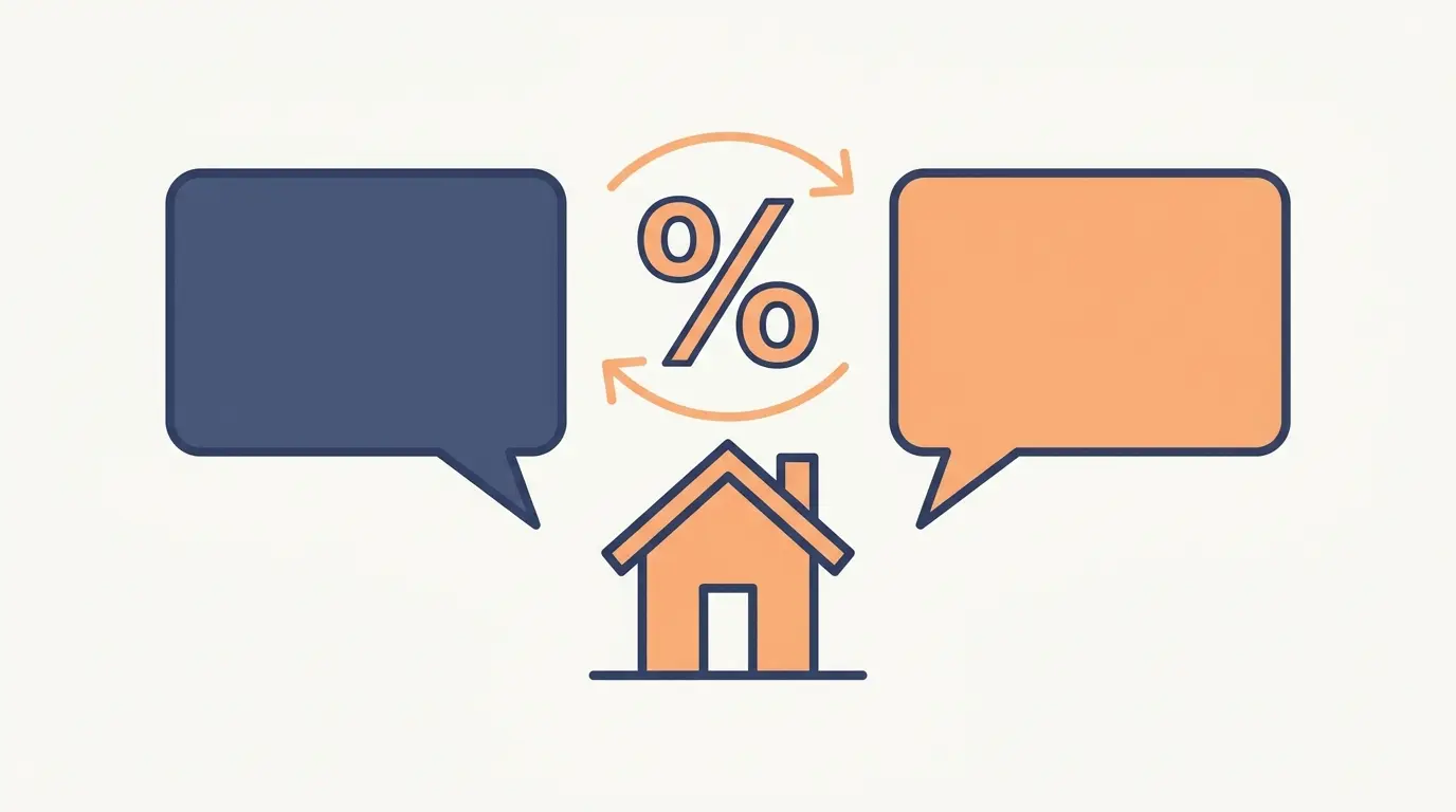 Two speech bubbles facing each other over a house icon with a percentage symbol