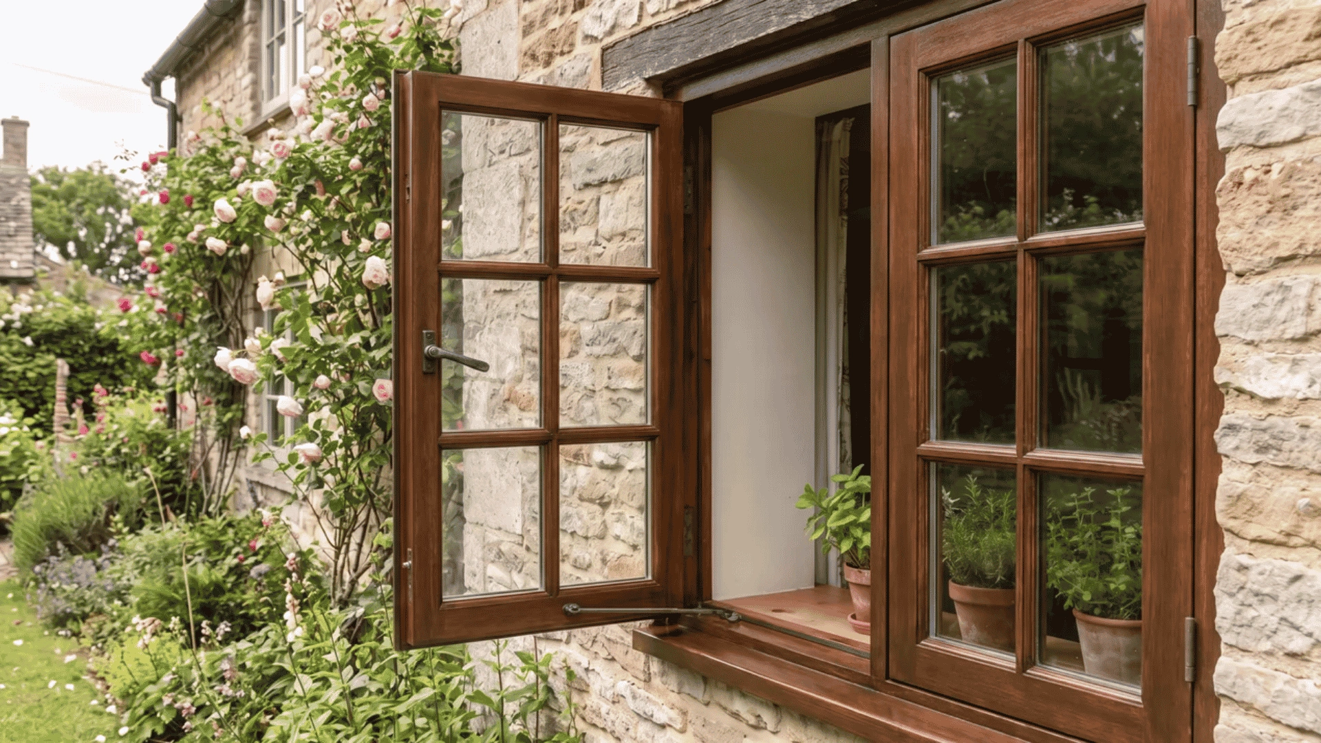 Open casement window with wood frame on a stone exterior wall