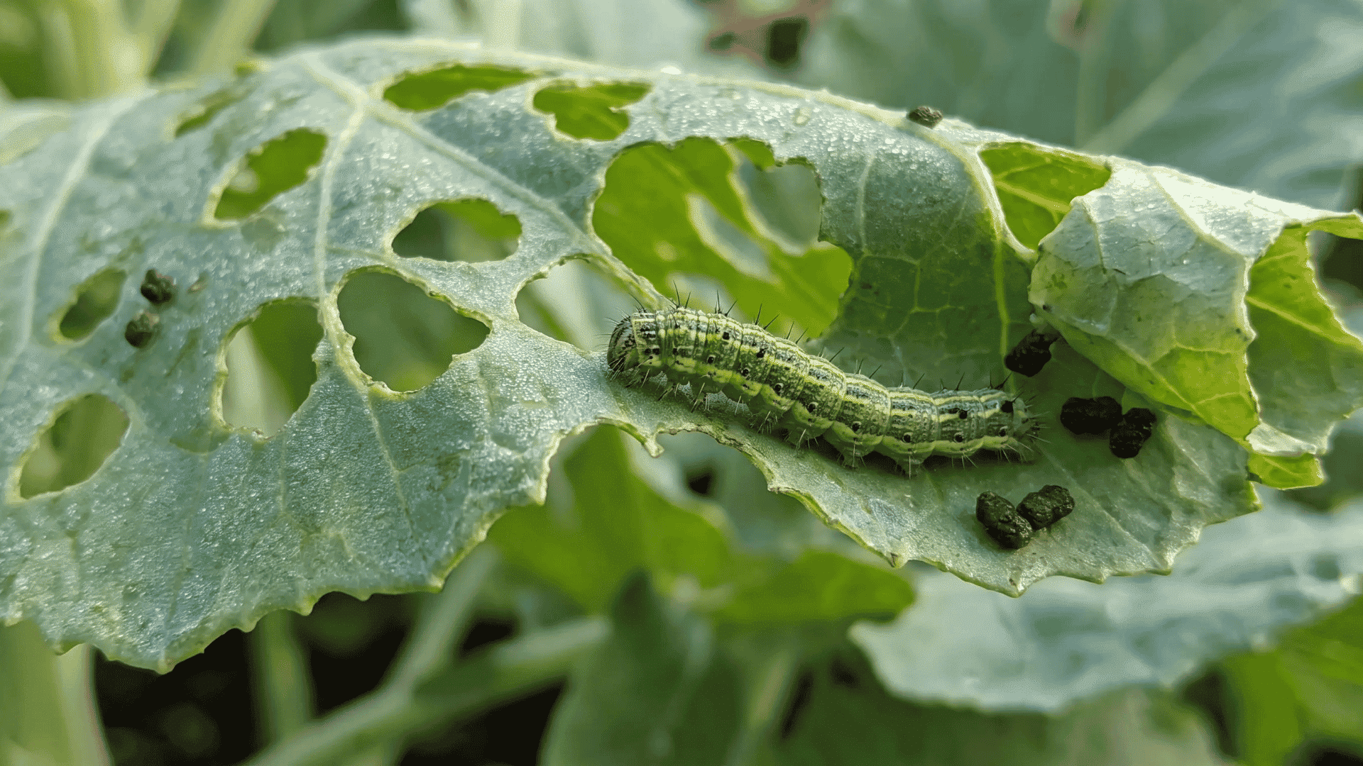 Green striped caterpillar beside large leaf holes, missing edges, a rolled leaf, and dark droppings.