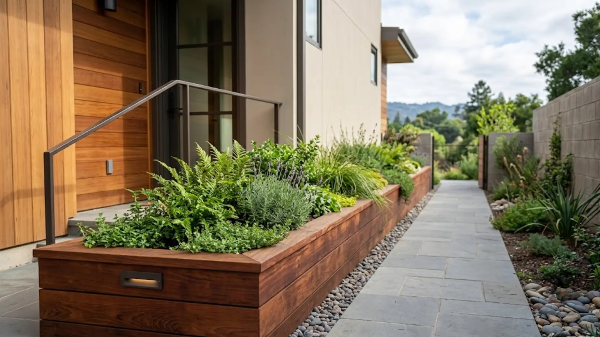 Cedar wood planter box fitted neatly along a garden walkway with lush green plants