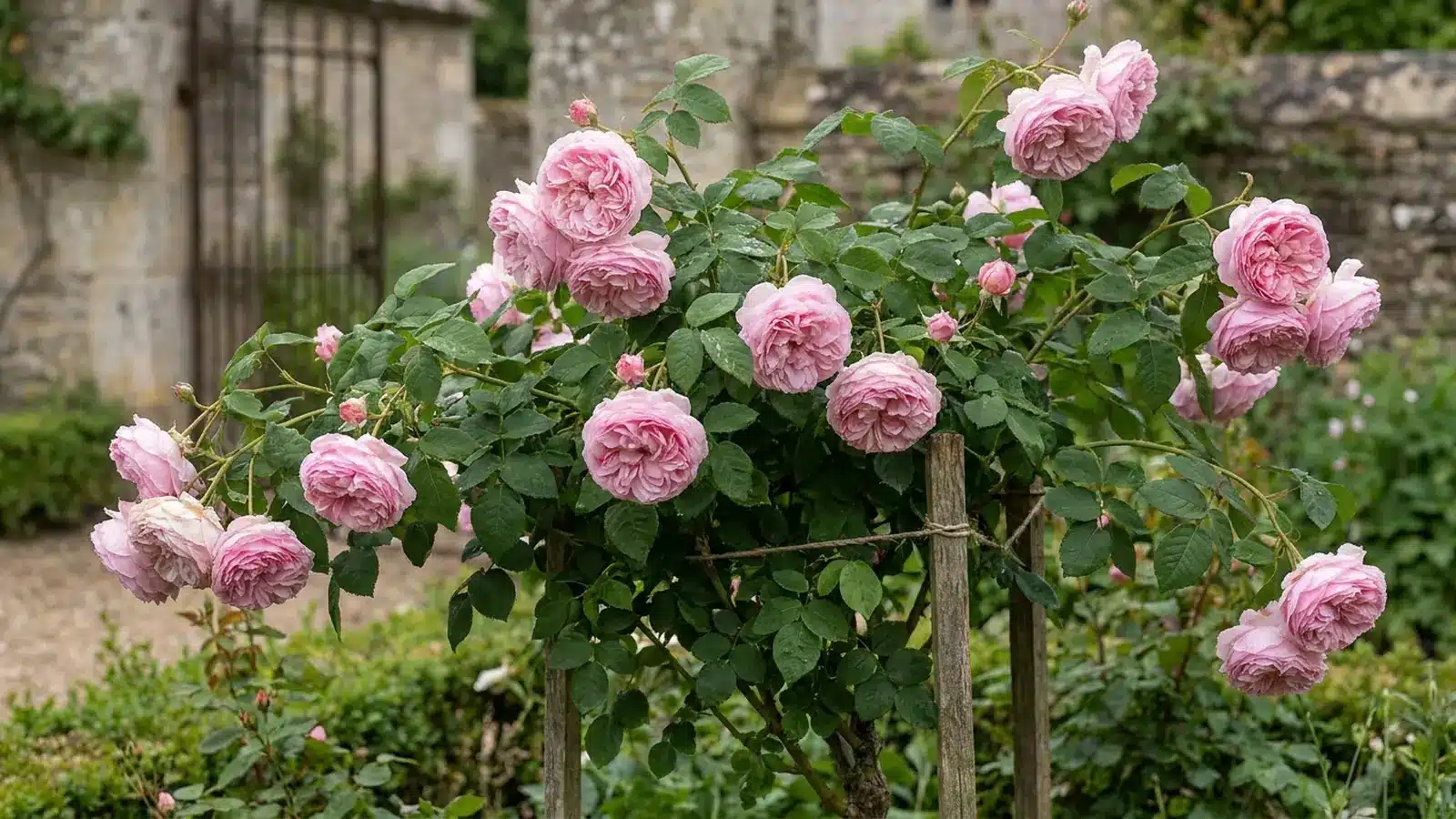 pale pink centifolia roses with dense petals drooping over supported arching stems in a historic garden