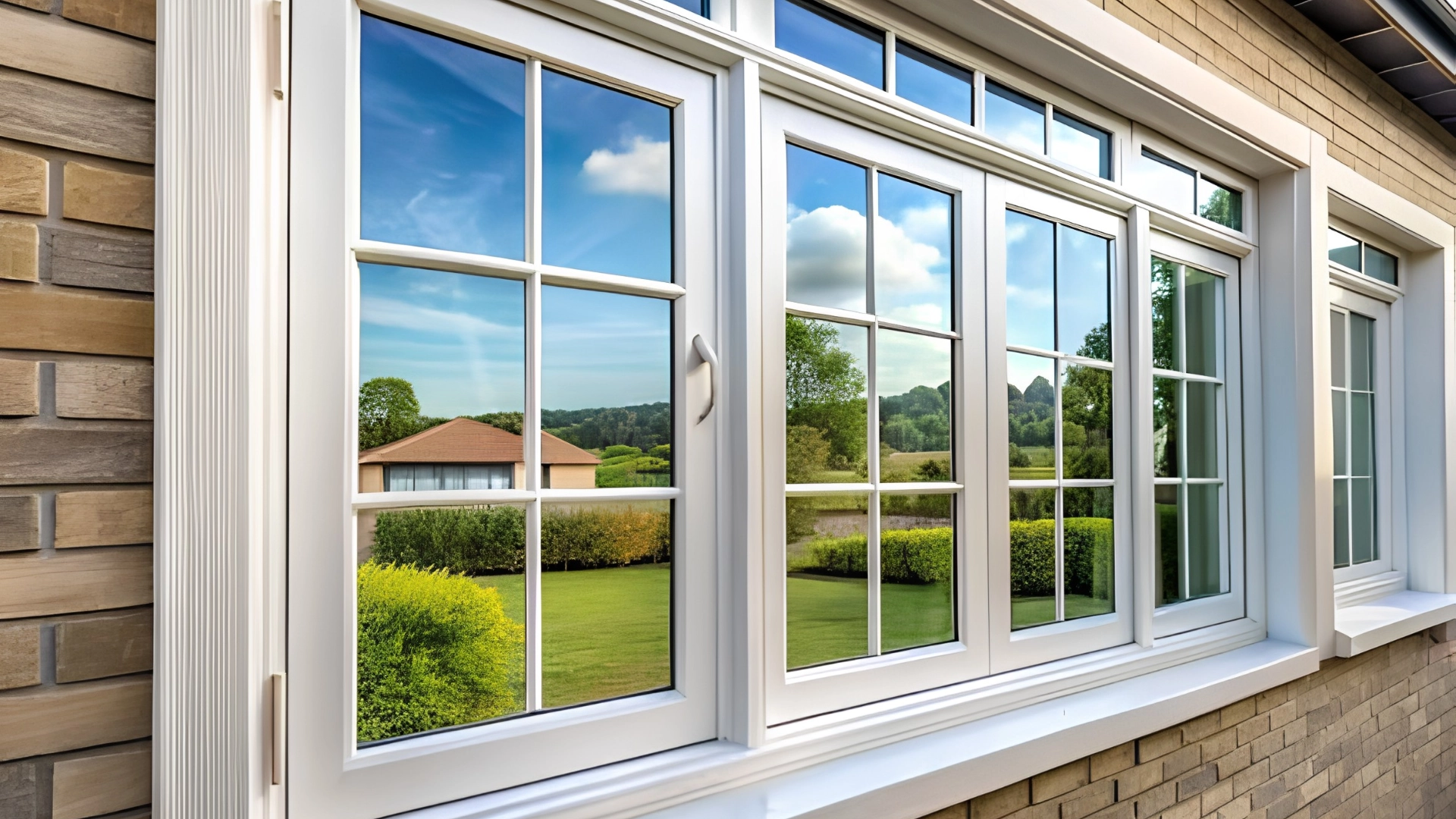 White multi-panel casement window with glass panes reflecting a green outdoor yard and sky.