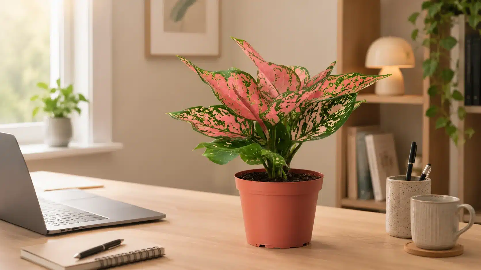 Chinese evergreen with patterned green and silver leaves on a wooden desk