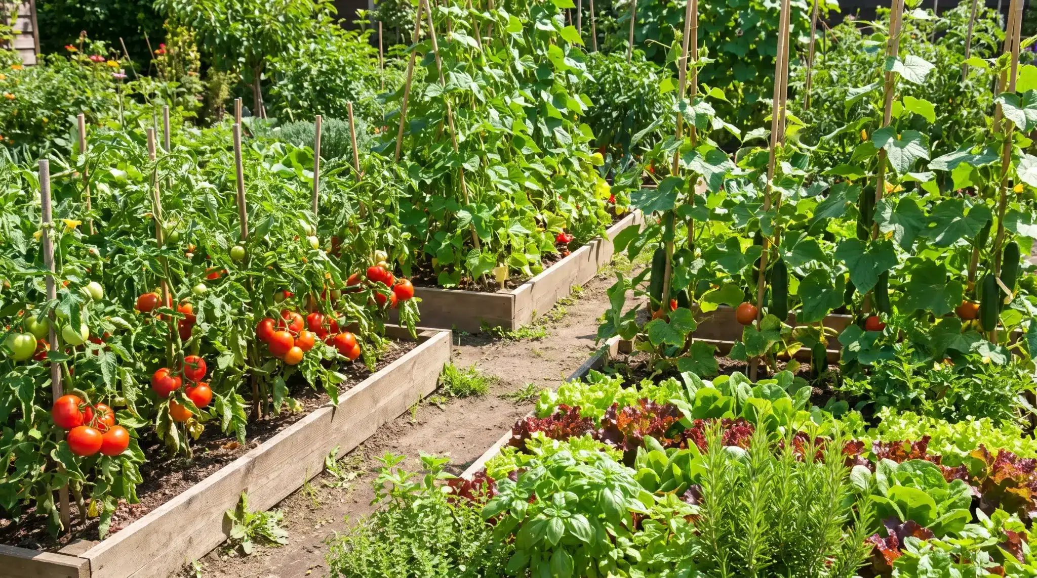 Productive vegetable garden filled with tomatoes, cucumbers, beans, lettuce, and fresh herbs.