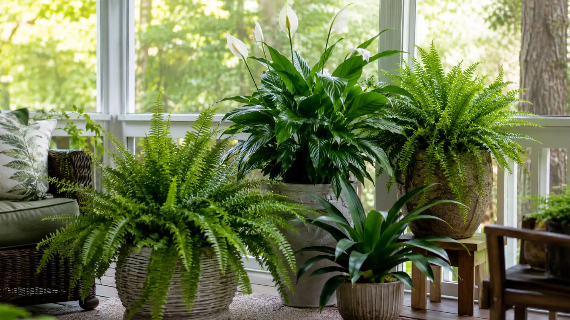 : Shade-tolerant plants suited to a screened patio's filtered light