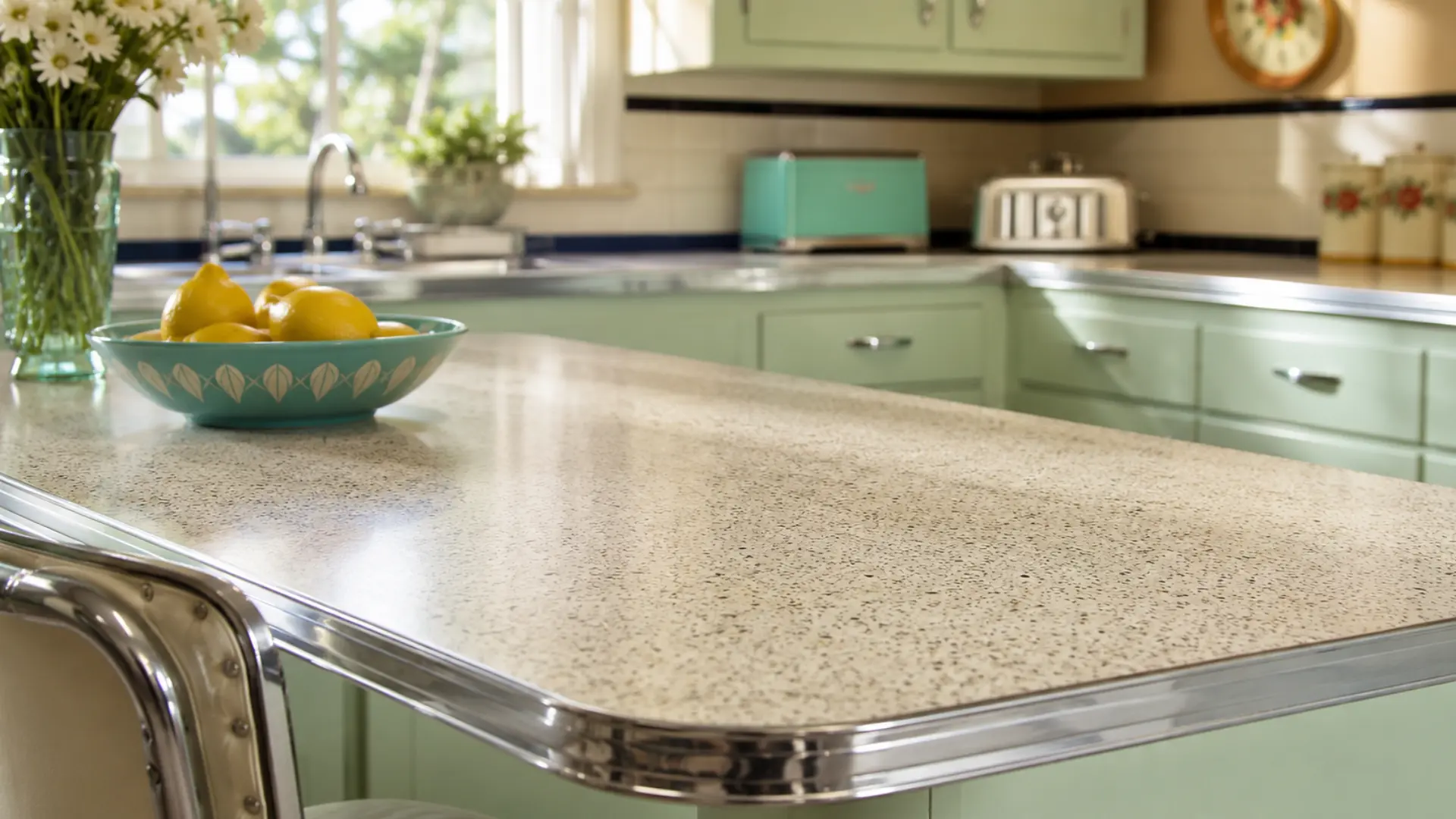 Chrome and Formica countertop in a 1950s mid-century modern kitchen