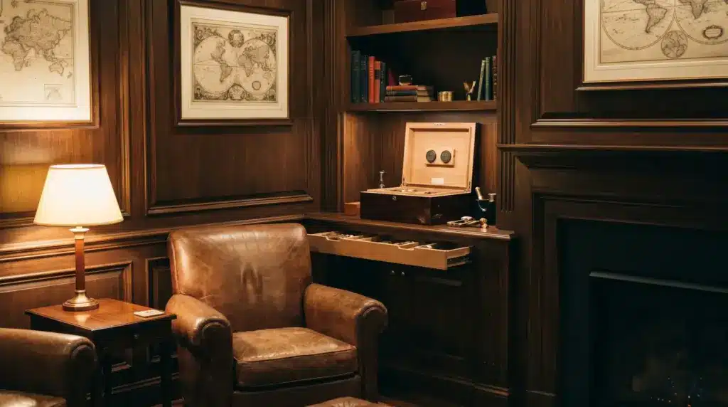 Cigar humidor station with leather seating in a private man cave lounge.