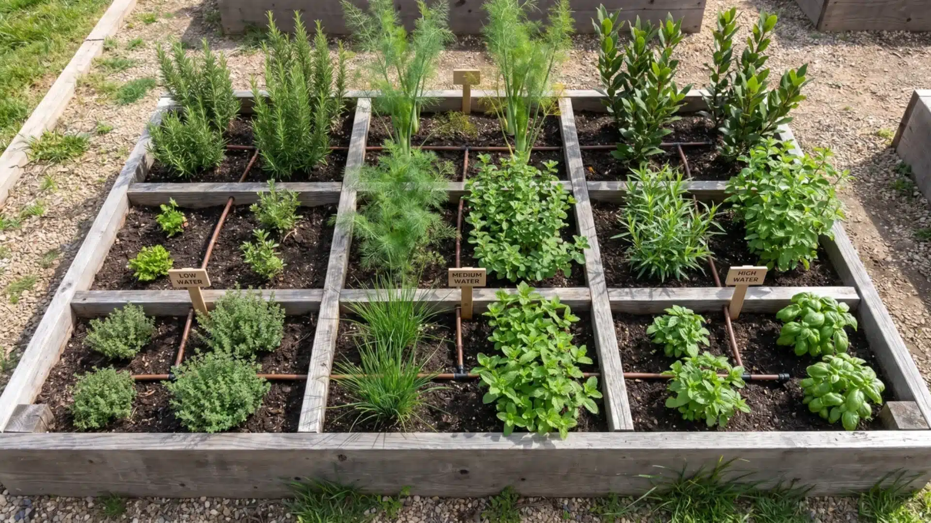 raised bed garden with zoned rows tall herbs north side and shorter herbs south side with separated watering sections