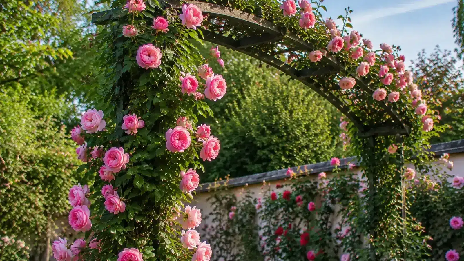 pink climbing roses covering a wooden garden arch in bright sunlight