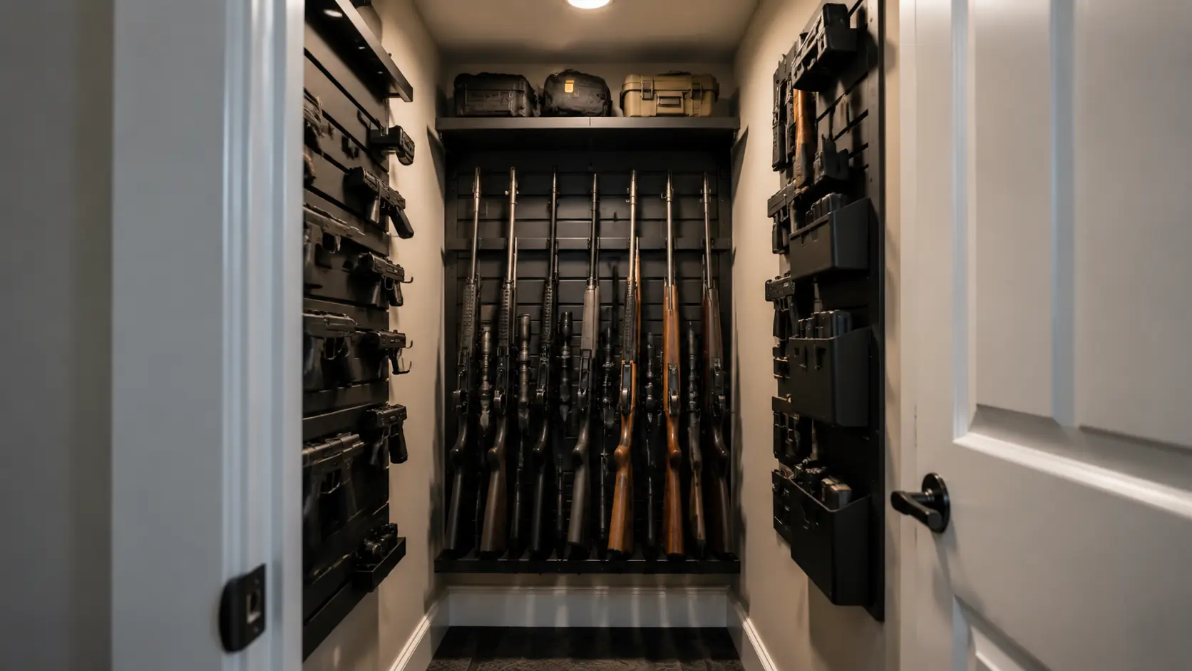Small closet converted into a secure gun room with wall-mounted racks and organized vertical firearm storage.