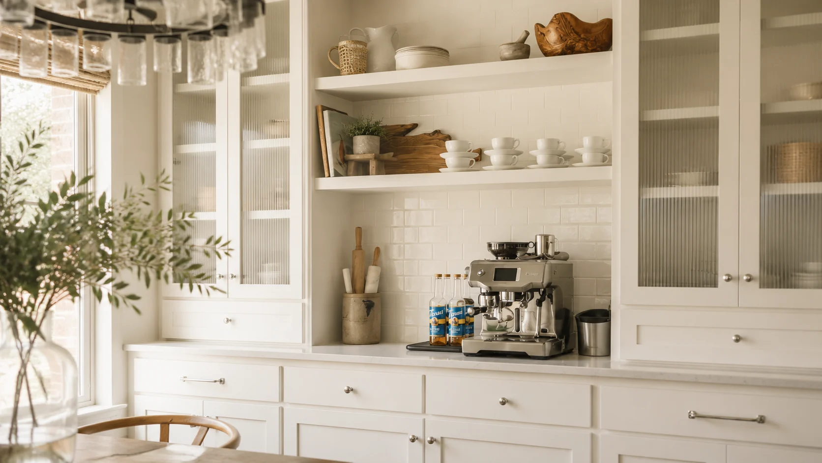 Soft ambient open coffee bar in a white kitchen with open shelves, espresso machine, ceramic cups, plants, and warm natural light.
