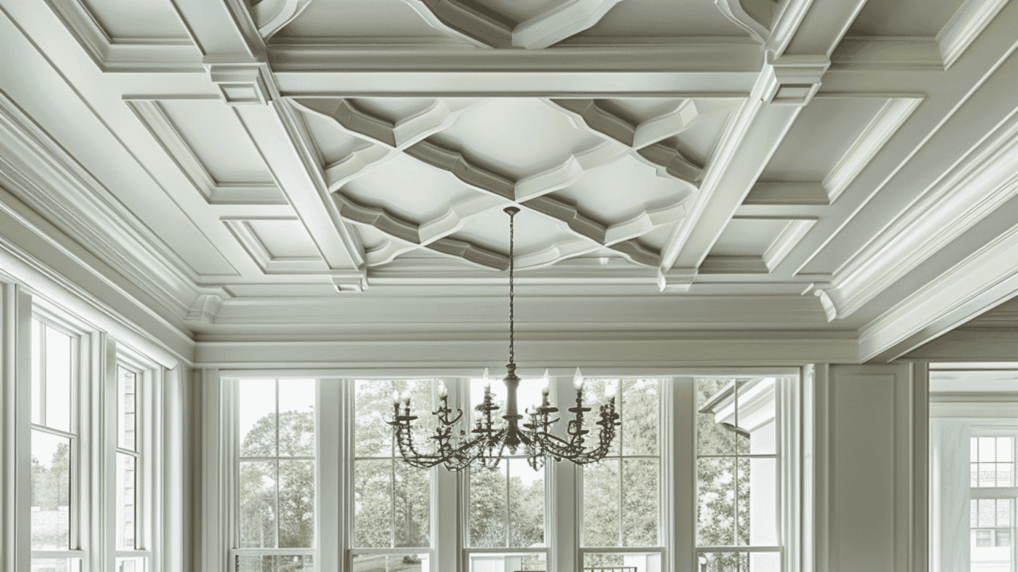 coffered tray ceiling with decorative geometric panels creating an elegant timeless and spacious interior design