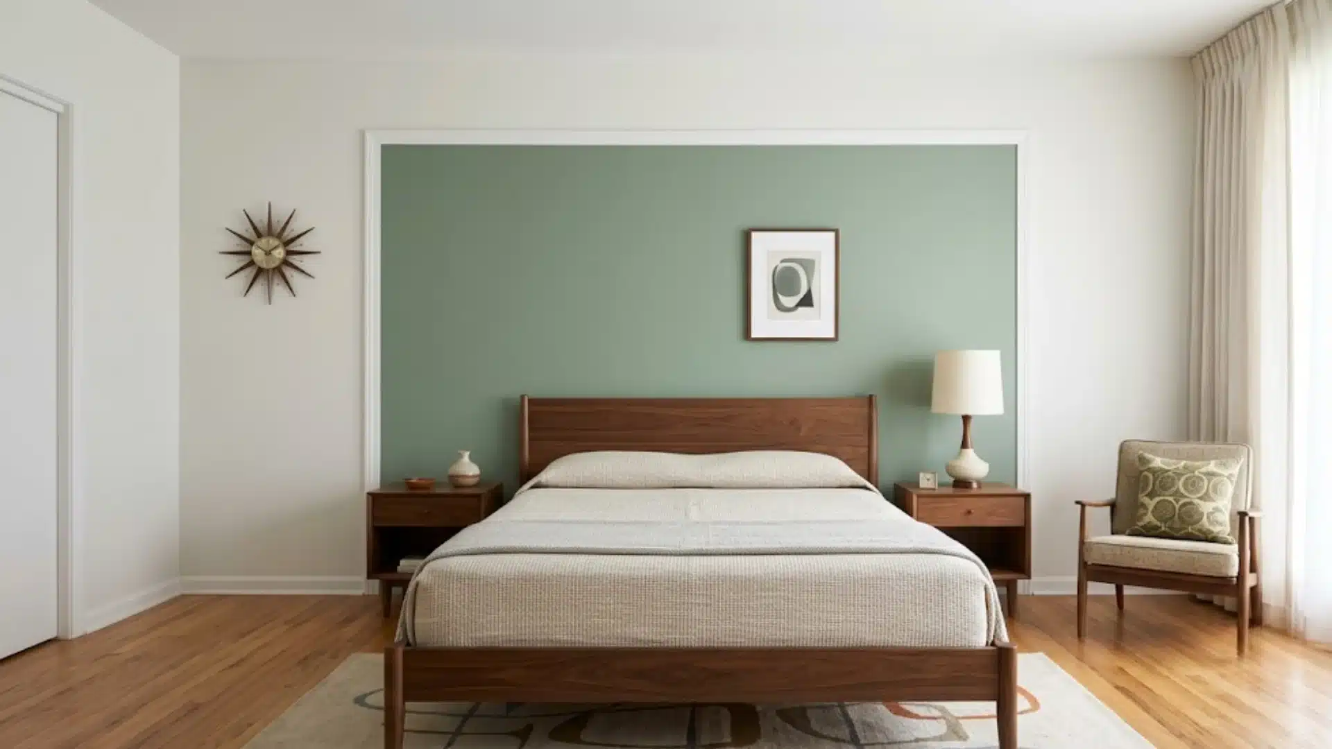 Color-blocked accent wall in a 1950s mid century modern house interior living room