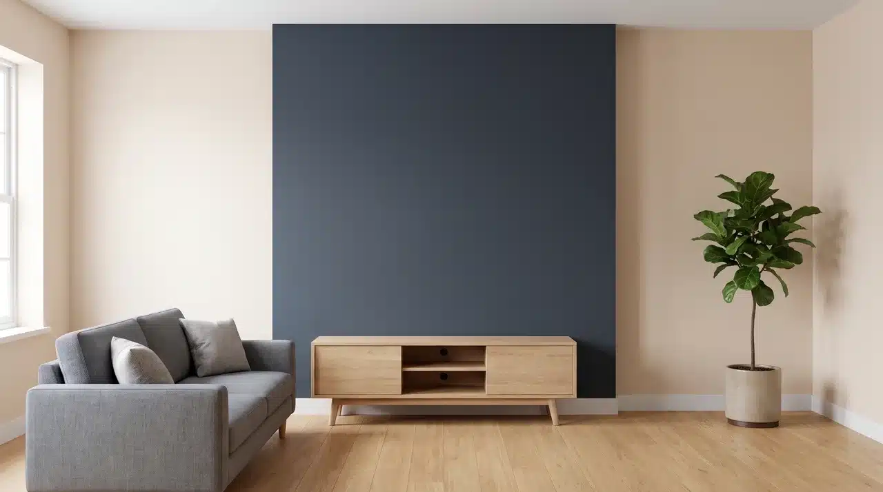 Living room with one bold color-blocked feature wall surrounded by neutral painted walls
